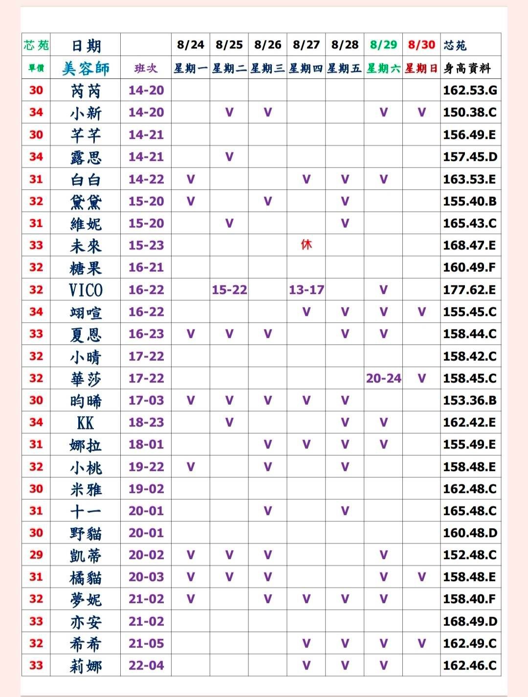 20館(芯苑) 舒壓班表｜本周排班 2026/08/17~2026/8/23 第2張