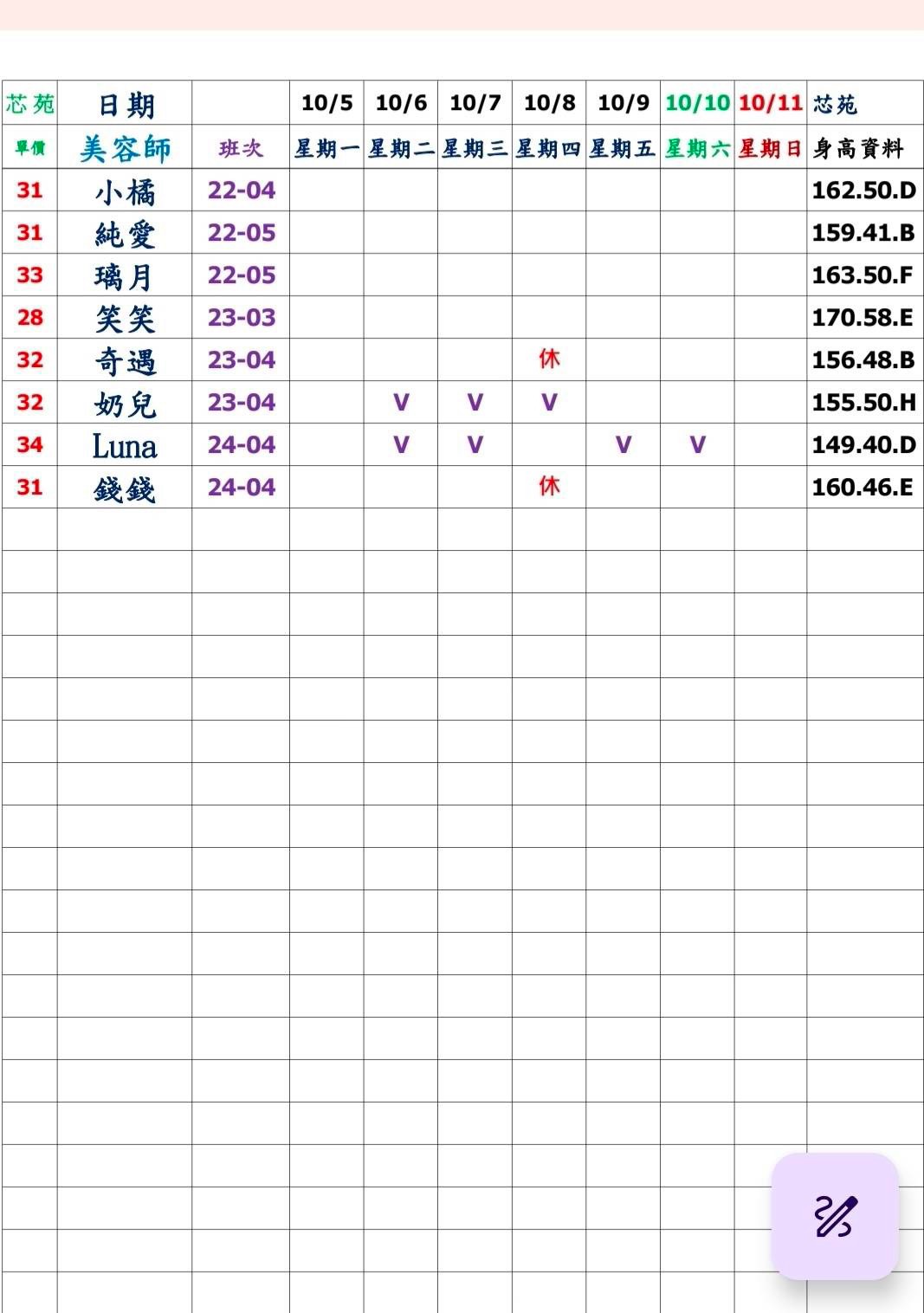 20館(芯苑) 舒壓班表｜本周排班 2026/10/05~2026/10/11 第4張