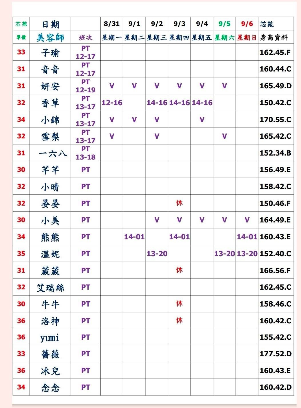 20館(芯苑) 舒壓班表｜本周排班 2026/08/31~2026/9/6 第4張