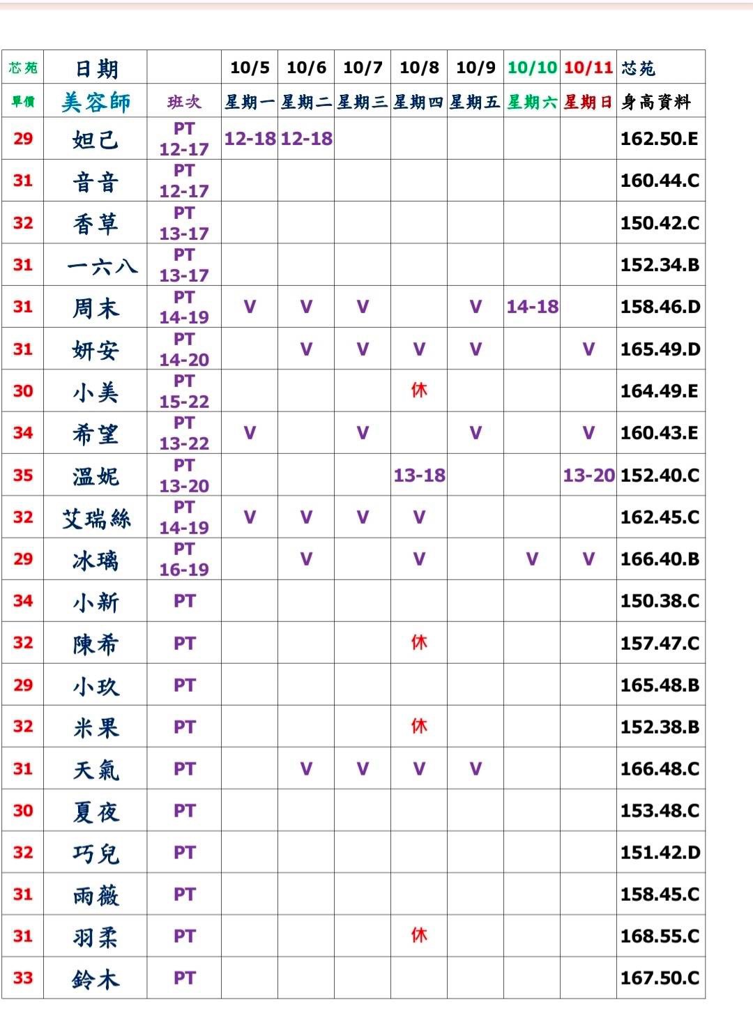 20館(芯苑) 舒壓班表｜本周排班 2026/10/05~2026/10/11 第3張