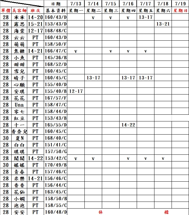 21館(真愛) 舒壓班表｜本周排班 2026/07/13~2026/7/19 第1張