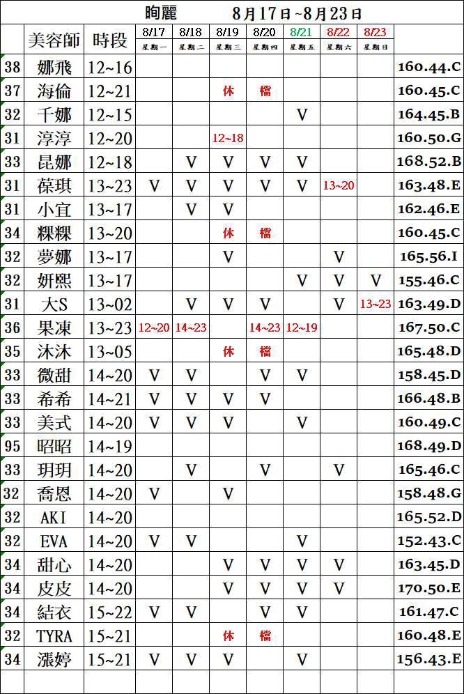 3館(㫬麗) 舒壓班表｜本周排班 2026/08/17~2026/8/23 第2張
