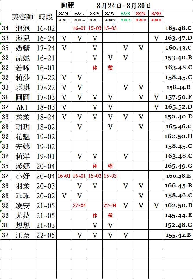 3館(㫬麗) 舒壓班表｜本周排班 2026/08/24~2026/8/30 第1張