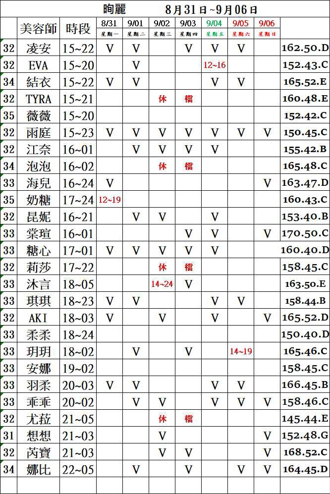 3館(㫬麗) 舒壓班表｜本周排班 2026/08/31~2026/9/6 第1張