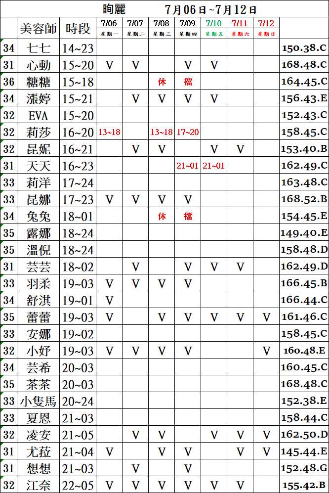 3館(㫬麗) 舒壓班表｜本周排班 2026/07/06~2026/7/12 第1張