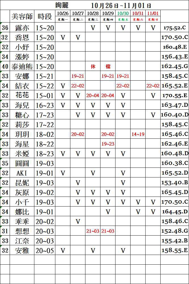 3館(㫬麗) 舒壓班表｜本周排班 2026/10/26~2026/11/1 第1張