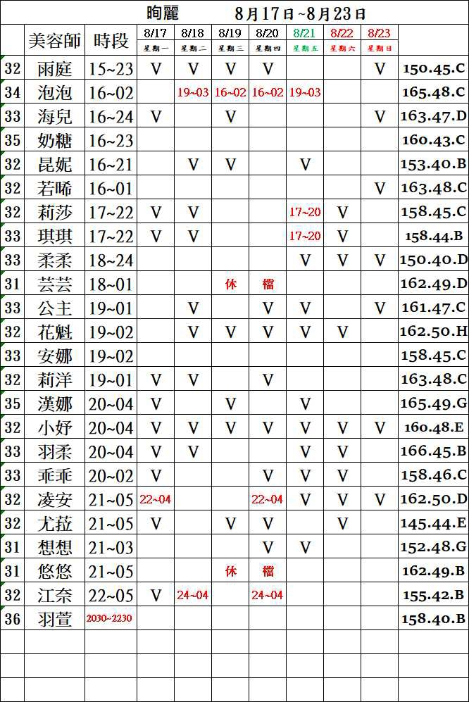 3館(㫬麗) 舒壓班表｜本周排班 2026/08/17~2026/8/23 第1張
