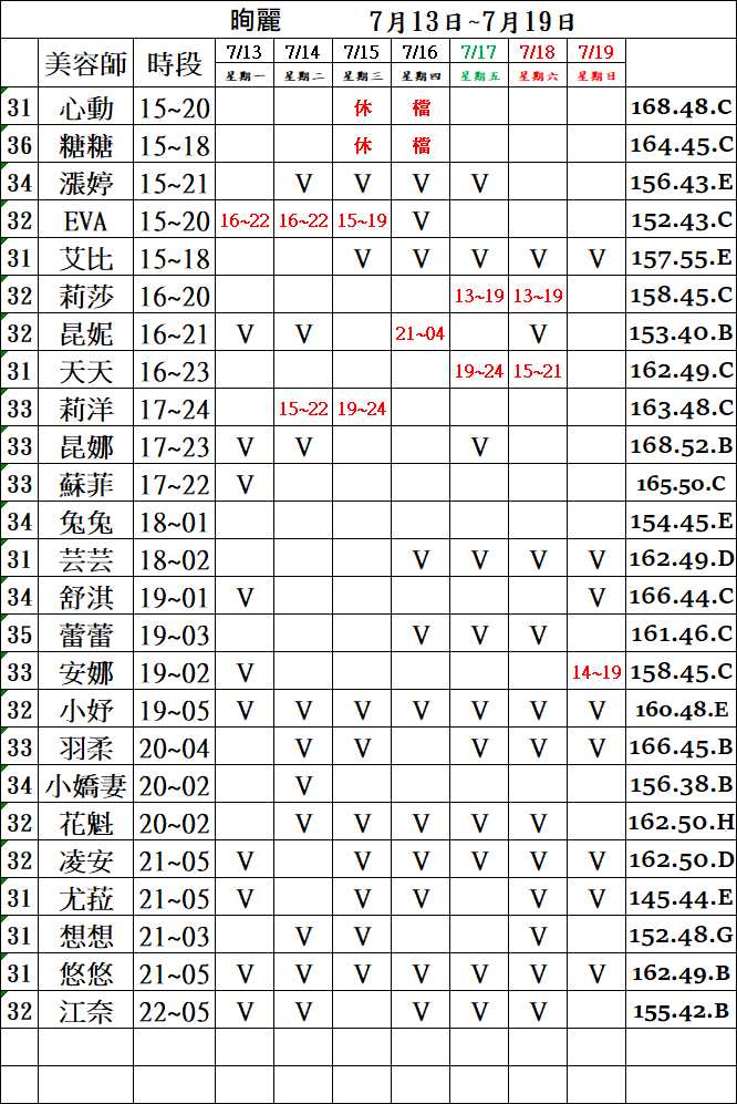 3館(㫬麗) 舒壓班表｜本周排班 2026/07/13~2026/7/19 第2張