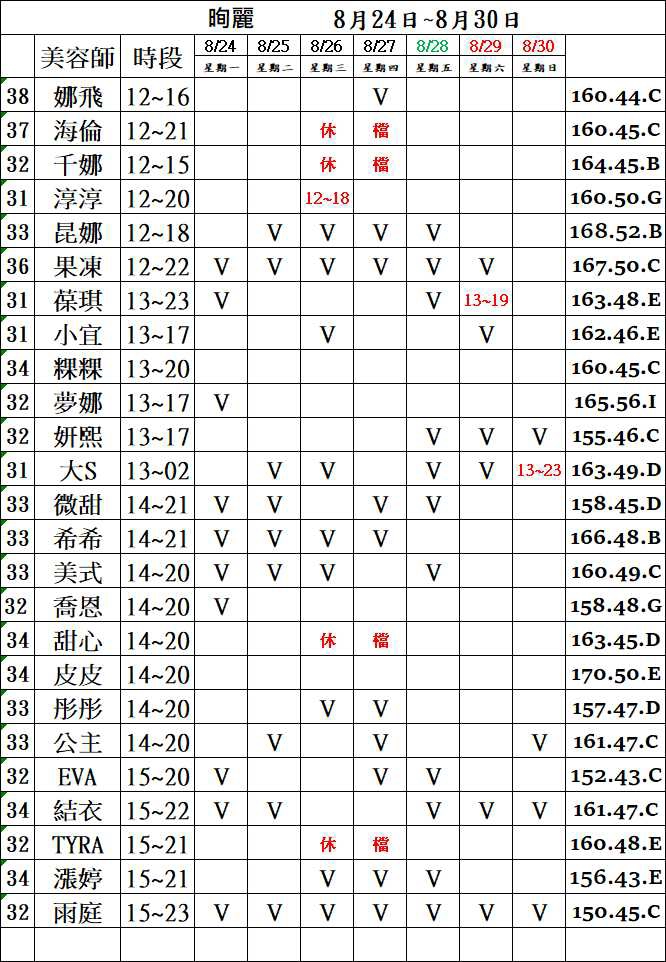 3館(㫬麗) 舒壓班表｜本周排班 2026/08/24~2026/8/30 第2張