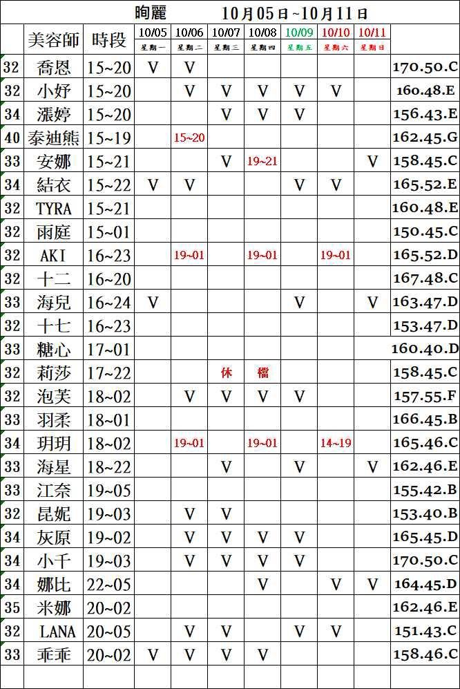 3館(㫬麗) 舒壓班表｜本周排班 2026/10/05~2026/10/11 第1張