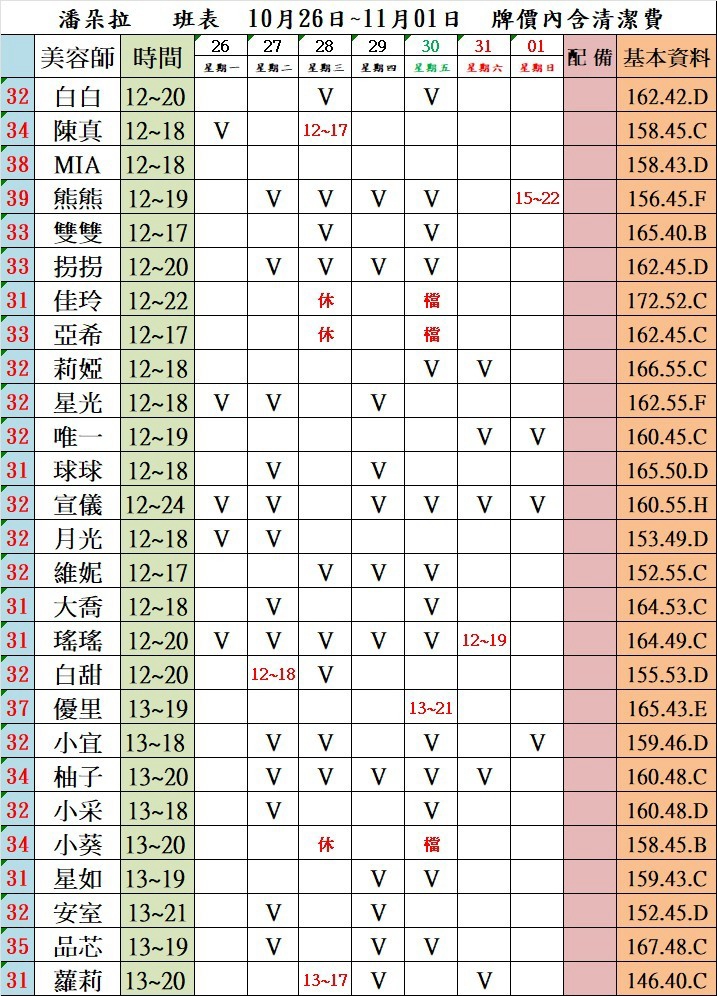 4館(潘朵拉) 舒壓班表｜本周排班 2026/10/26~2026/11/1 第1張