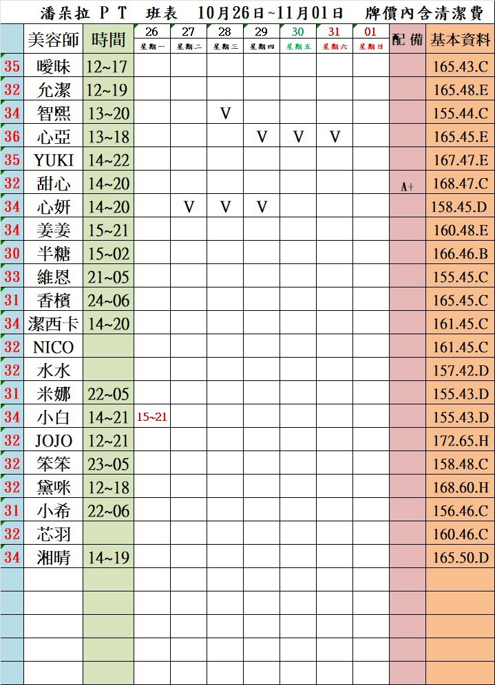 4館(潘朵拉) 舒壓班表｜本周排班 2026/10/26~2026/11/1 第5張