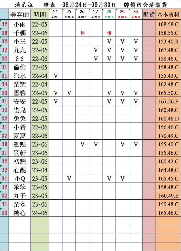 4館(潘朵拉) 舒壓班表｜本周排班 2026/08/24~2026/8/30 第2張