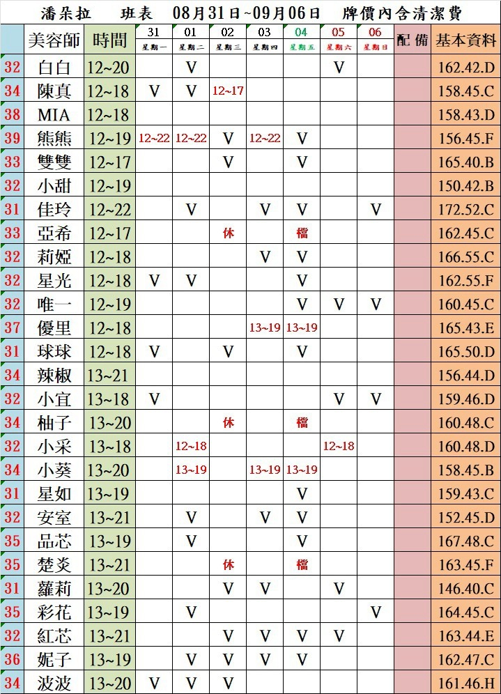 4館(潘朵拉) 舒壓班表｜本周排班 2026/08/31~2026/9/6 第1張