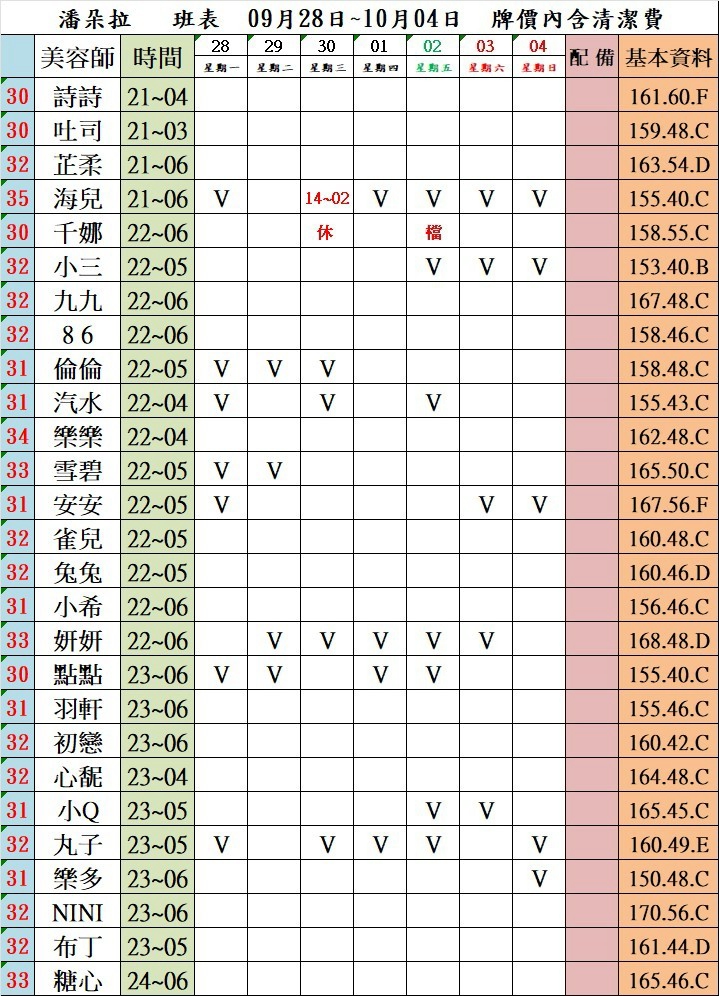 4館(潘朵拉) 舒壓班表｜本周排班 2026/09/28~2026/10/4 第4張