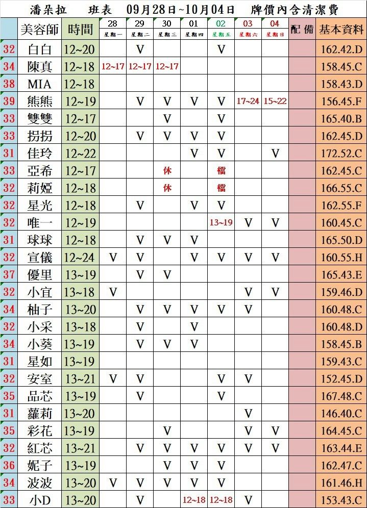 4館(潘朵拉) 舒壓班表｜本周排班 2026/09/28~2026/10/4 第1張