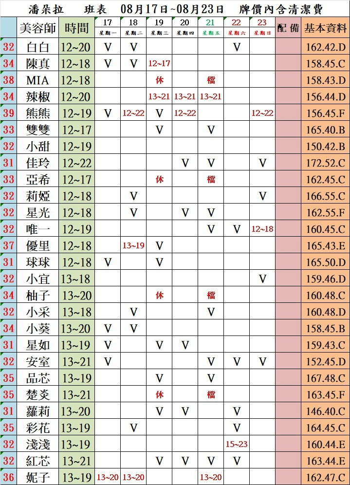 4館(潘朵拉) 舒壓班表｜本周排班 2026/08/17~2026/8/23 第1張
