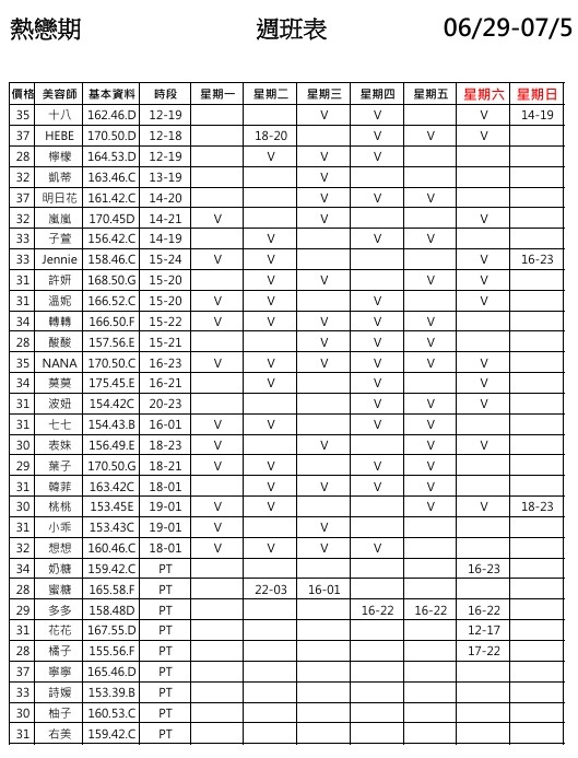 5館(熱戀期) 舒壓班表｜本周排班 2026/06/29~2026/7/5 第2張
