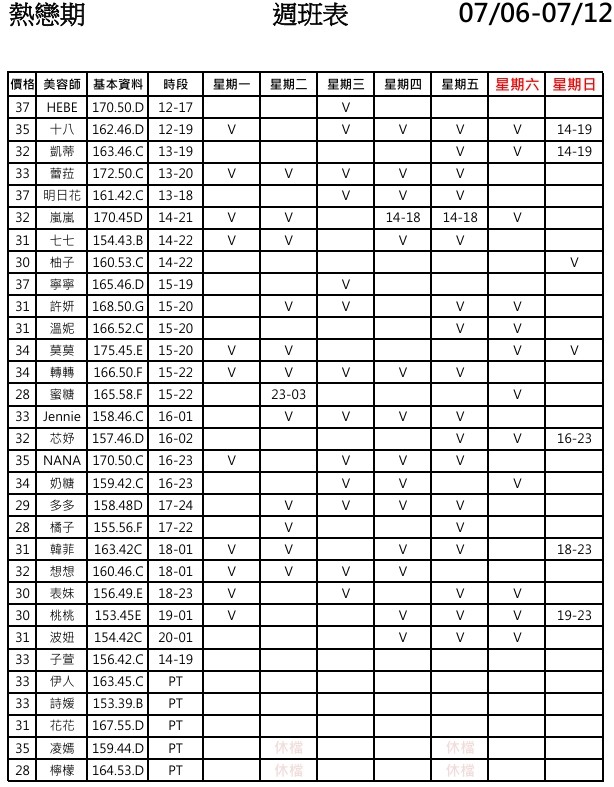 5館(晶華會館) 舒壓班表｜本周排班 2026/07/06~2026/7/12 第1張