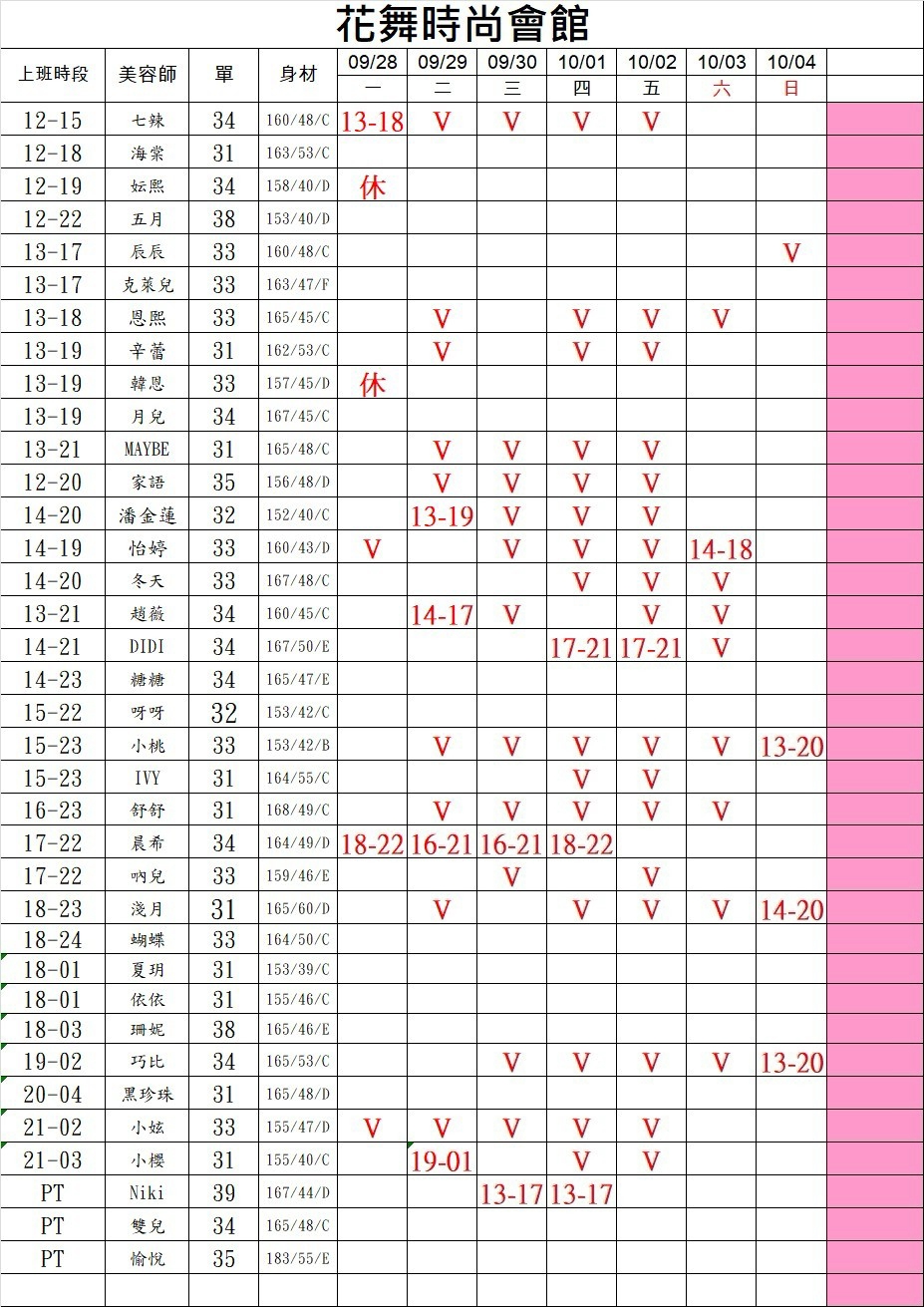 6館(花舞) 舒壓班表｜本周排班 2026/09/28~2026/10/4 第2張