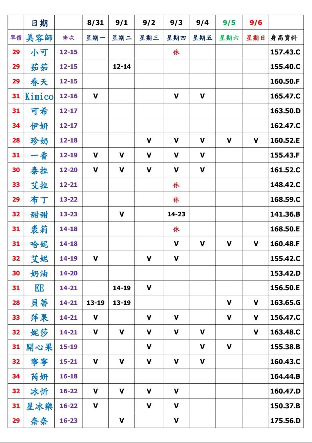 7館(姈園) 舒壓班表｜本周排班 2026/08/31~2026/9/6 第1張