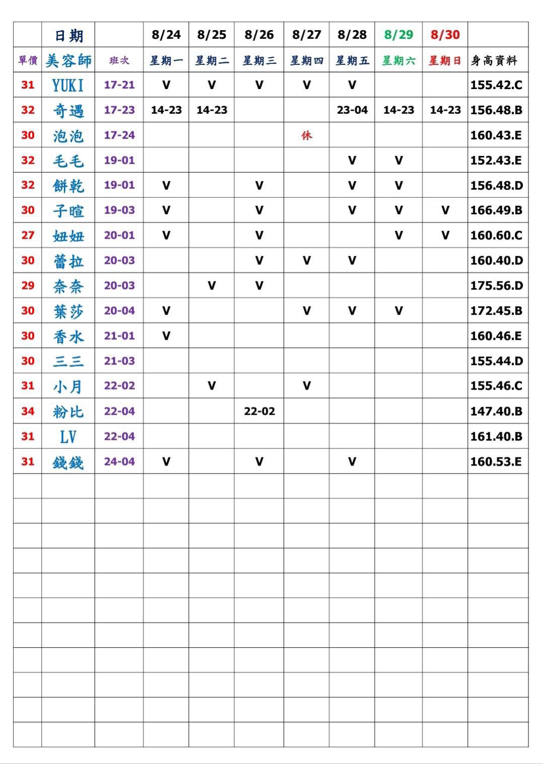 7館(姈園) 舒壓班表｜本周排班 2026/08/17~2026/8/23 第2張