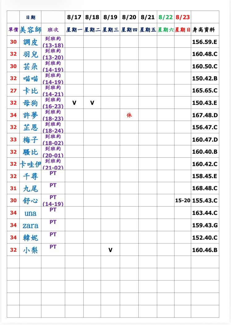 7館(姈園) 舒壓班表｜本周排班 2026/08/17~2026/8/23 第3張