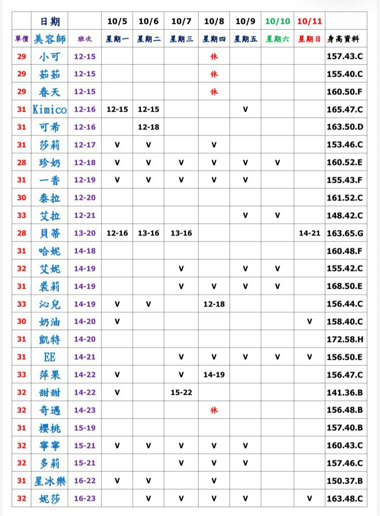 7館(姈園) 舒壓班表｜本周排班 2026/10/05~2026/10/11 第1張