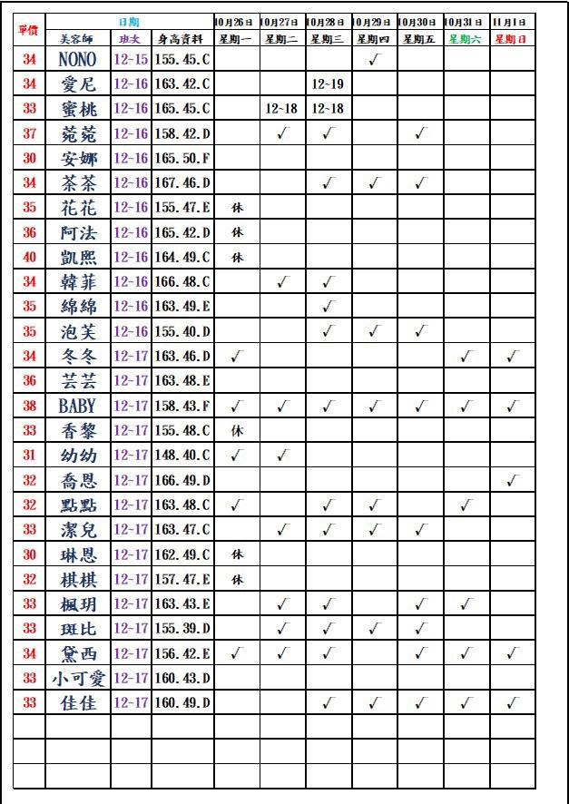 8館(愛寶) 舒壓班表｜本周排班 2026/10/26~2026/11/1 第1張