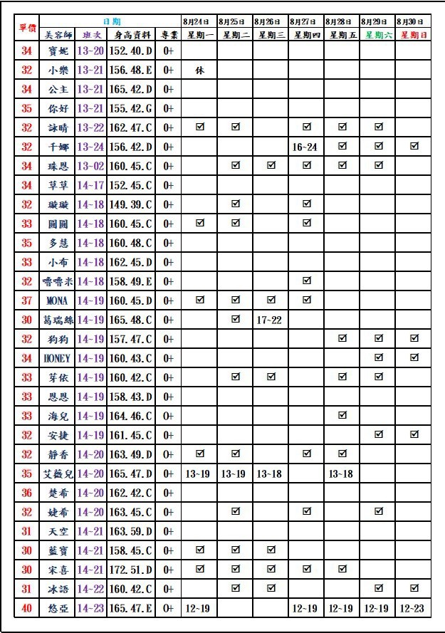 8館(愛寶) 舒壓班表｜本周排班 2026/08/24~2026/8/30 第4張