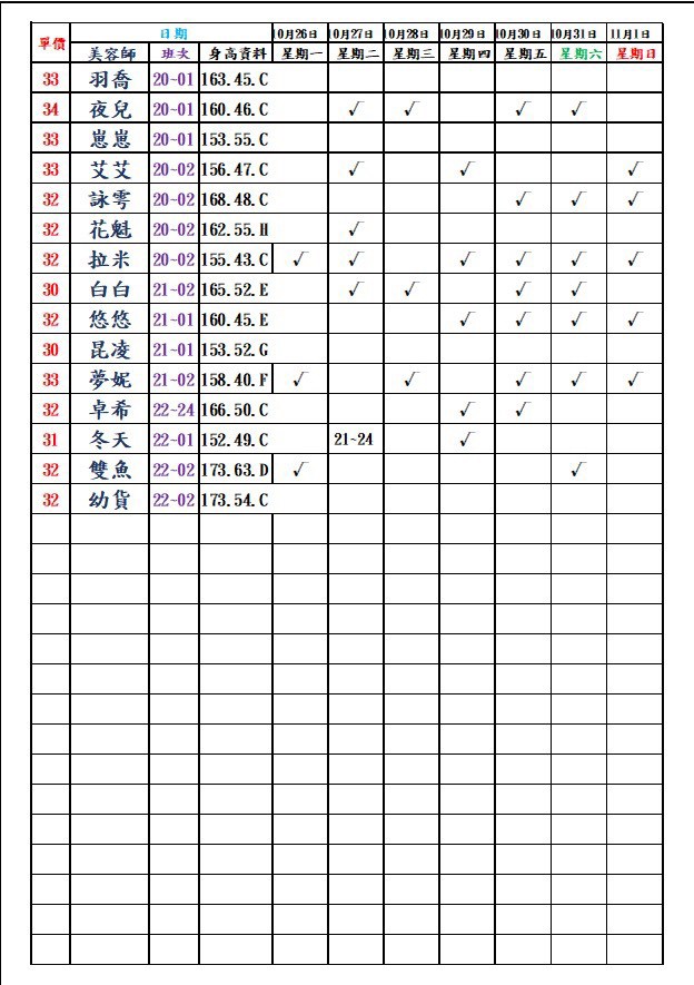 8館(愛寶) 舒壓班表｜本周排班 2026/10/26~2026/11/1 第7張
