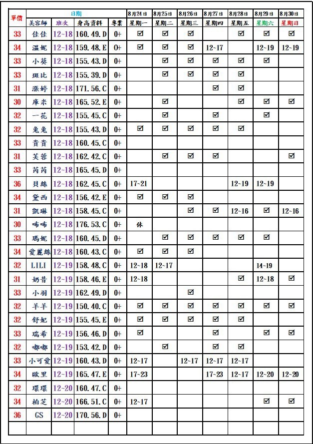 8館(愛寶) 舒壓班表｜本周排班 2026/08/24~2026/8/30 第2張