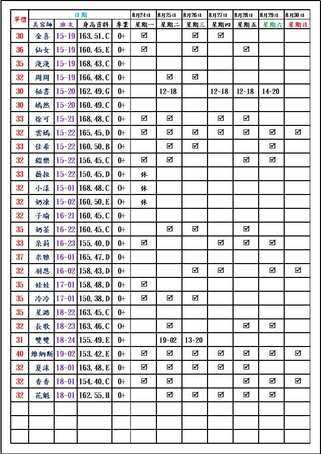 8館(愛寶) 舒壓班表｜本周排班 2026/08/24~2026/8/30 第5張