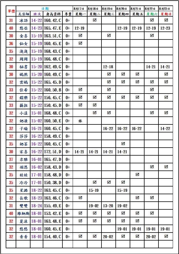 8館(愛寶) 舒壓班表｜本周排班 2026/08/17~2026/8/23 第5張