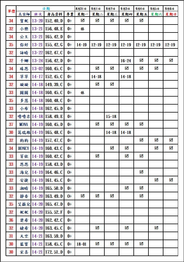 8館(愛寶) 舒壓班表｜本周排班 2026/08/31~2026/9/6 第4張