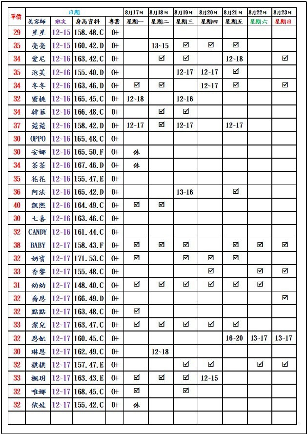 8館(愛寶) 舒壓班表｜本周排班 2026/08/17~2026/8/23 第1張