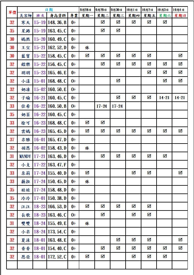 8館(愛寶) 舒壓班表｜本周排班 2026/09/28~2026/10/4 第5張