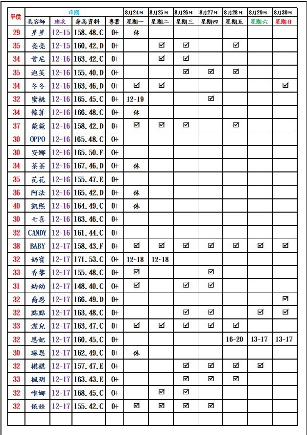 8館(愛寶) 舒壓班表｜本周排班 2026/08/24~2026/8/30 第1張