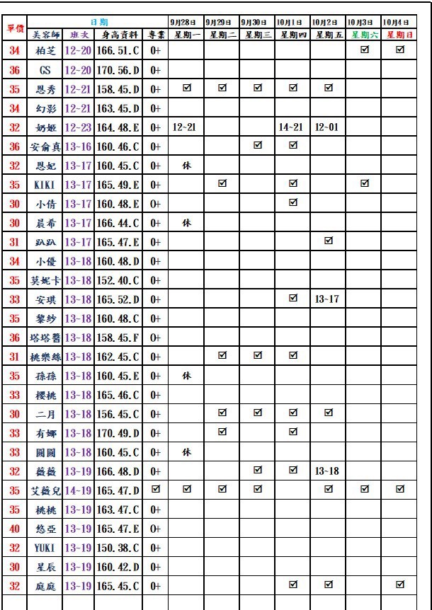 8館(愛寶) 舒壓班表｜本周排班 2026/09/28~2026/10/4 第3張