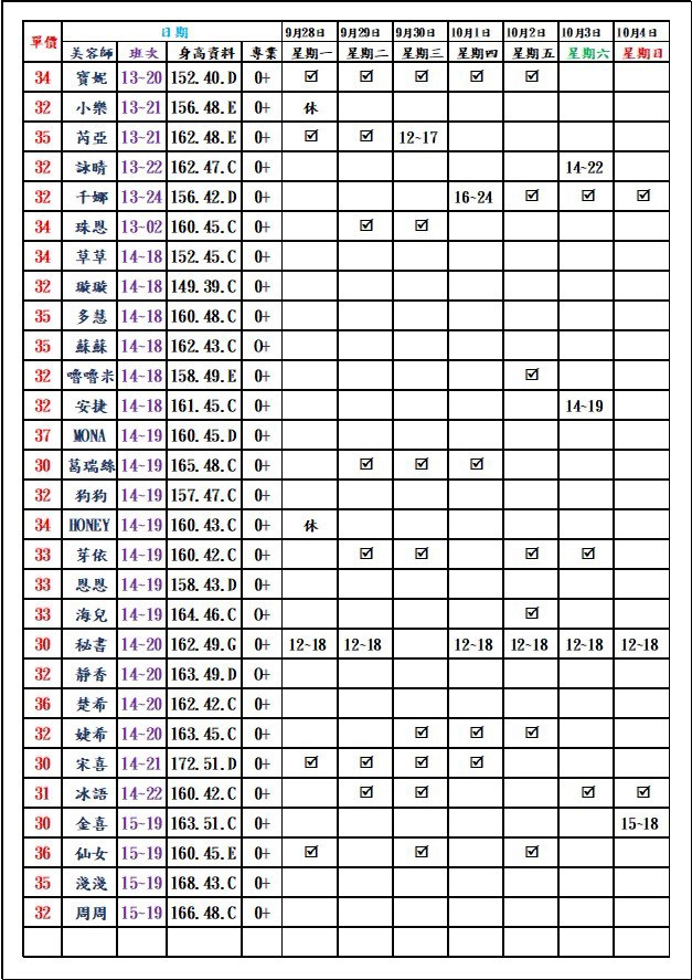 8館(愛寶) 舒壓班表｜本周排班 2026/09/28~2026/10/4 第4張