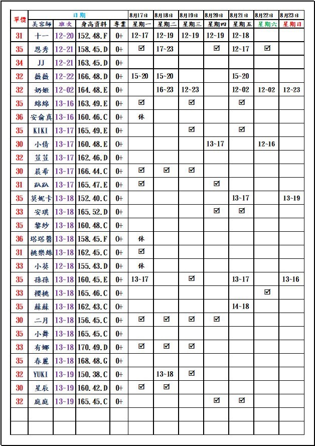 8館(愛寶) 舒壓班表｜本周排班 2026/08/17~2026/8/23 第3張