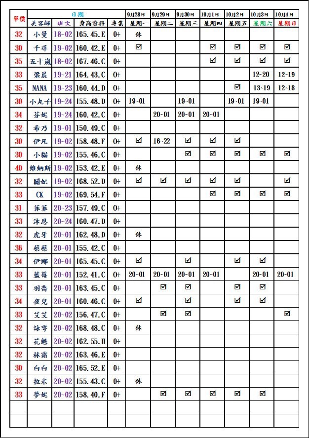 8館(愛寶) 舒壓班表｜本周排班 2026/09/28~2026/10/4 第6張