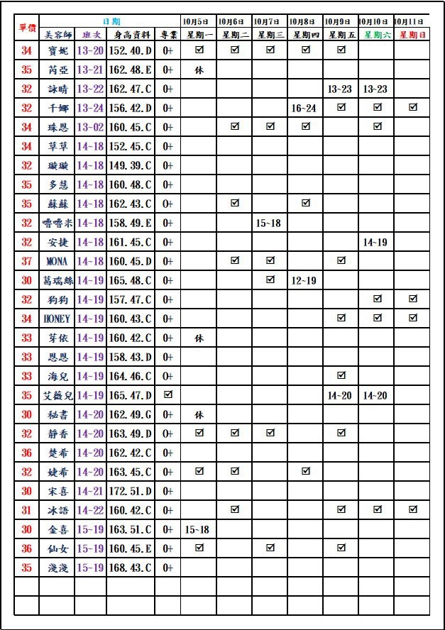 8館(愛寶) 舒壓班表｜本周排班 2026/10/05~2026/10/11 第4張