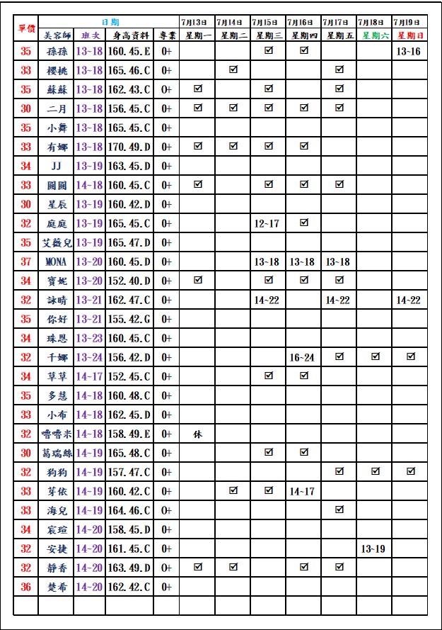 8館(愛寶) 舒壓班表｜本周排班 2026/07/13~2026/7/19 第4張
