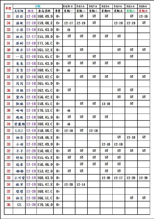 8館(愛寶) 舒壓班表｜本周排班 2026/08/31~2026/9/6 第2張