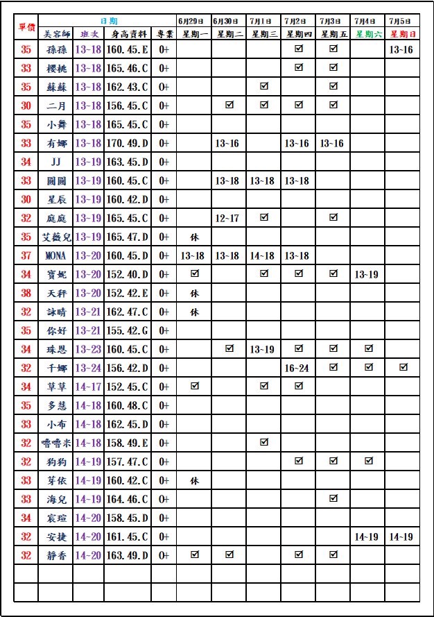 8館(愛寶) 舒壓班表｜本周排班 2026/06/29~2026/7/5 第4張