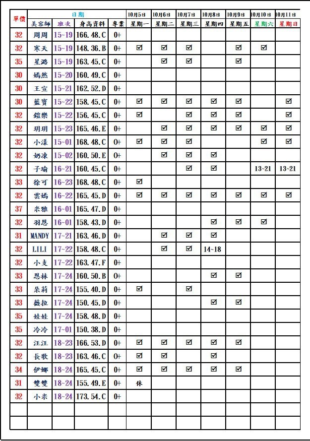 8館(愛寶) 舒壓班表｜本周排班 2026/10/05~2026/10/11 第5張