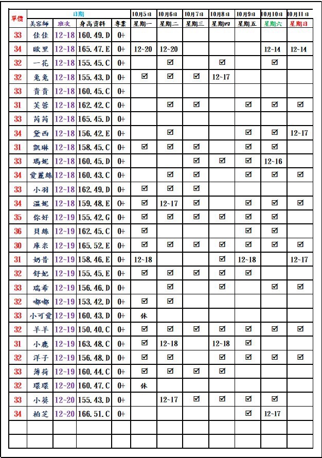 8館(愛寶) 舒壓班表｜本周排班 2026/10/05~2026/10/11 第2張