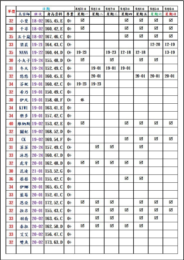 8館(愛寶) 舒壓班表｜本周排班 2026/08/31~2026/9/6 第6張