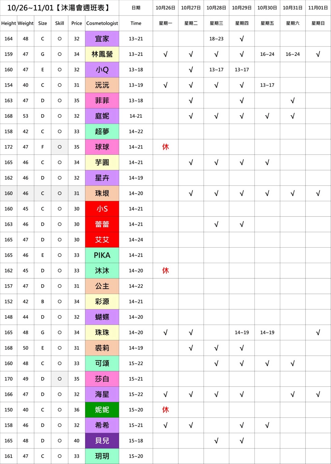 9館(沐湯會) 舒壓班表｜本周排班 2026/10/26~2026/11/1 第5張
